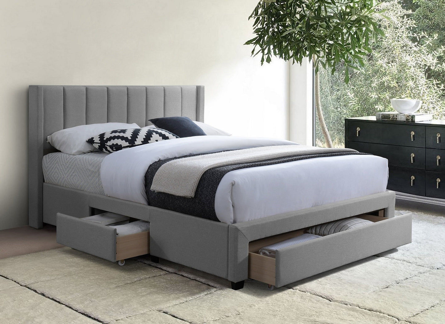 Grey Upholstered Platform Bed with Storage -I5330
