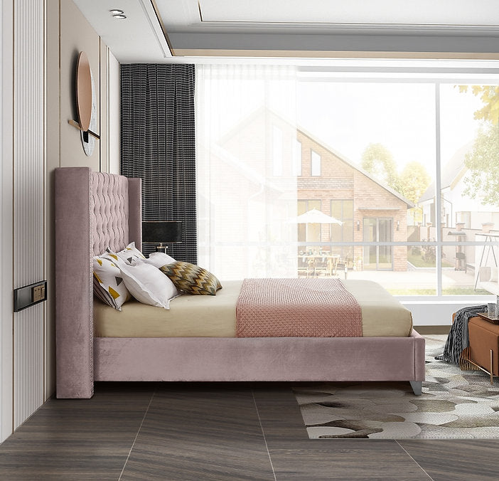 Contemporary Velvet Wingback Platform Bed – Dusty Pink-I5895
