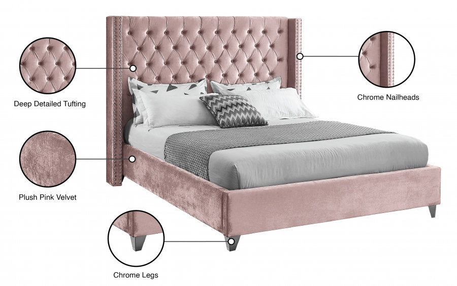 Contemporary Velvet Wingback Platform Bed – Dusty Pink-I5895