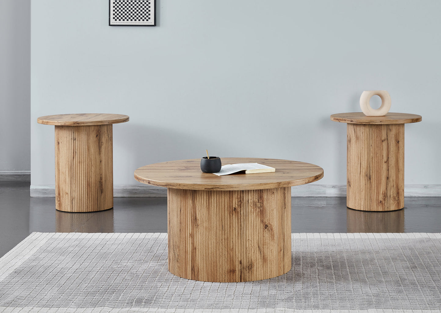 Modern Fluted Wood Coffee Table & End Table – Light Natural Finish-I2661