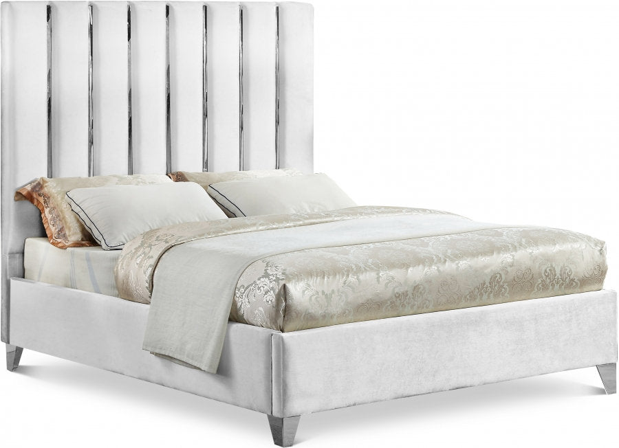 Velvet White Bed with Chrome Channel Tufted Headboard – I5622