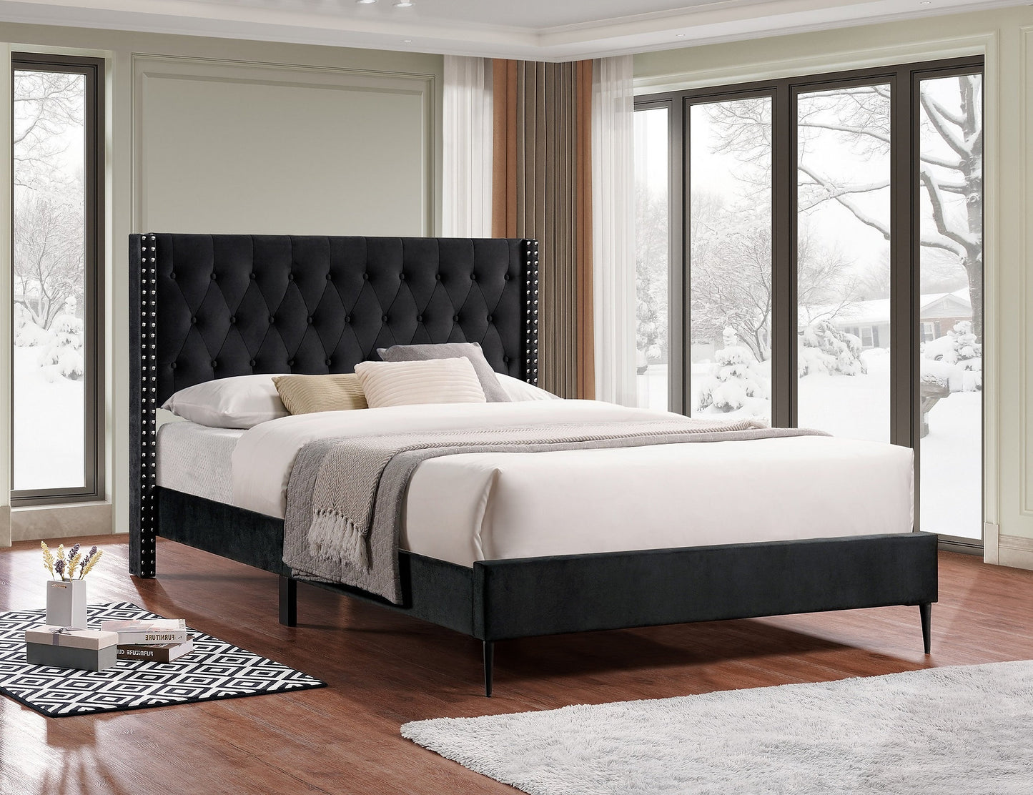 Modern Velvet Wingback Platform Bed with Diamond Tufted Headboard-I5590
