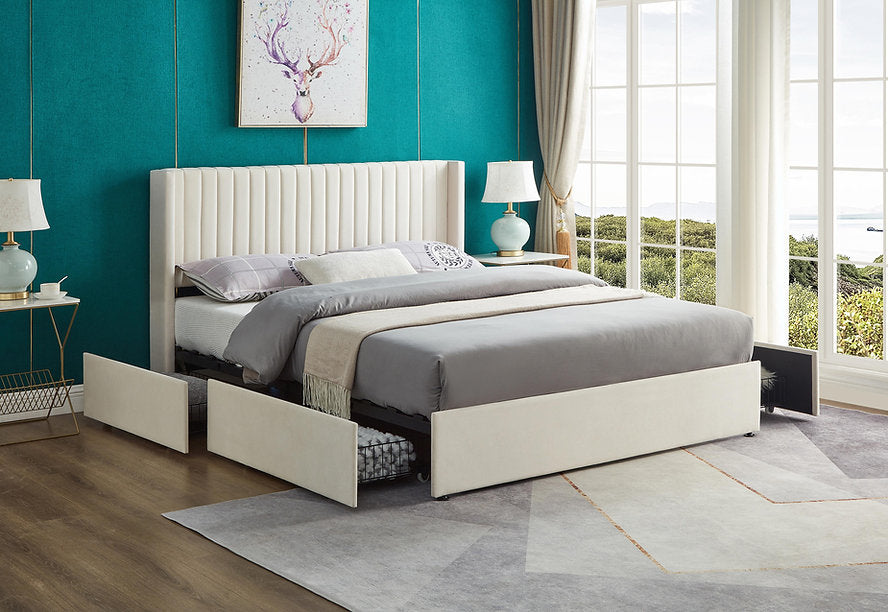 Cream Velvet Wingback Storage Bed-I5407