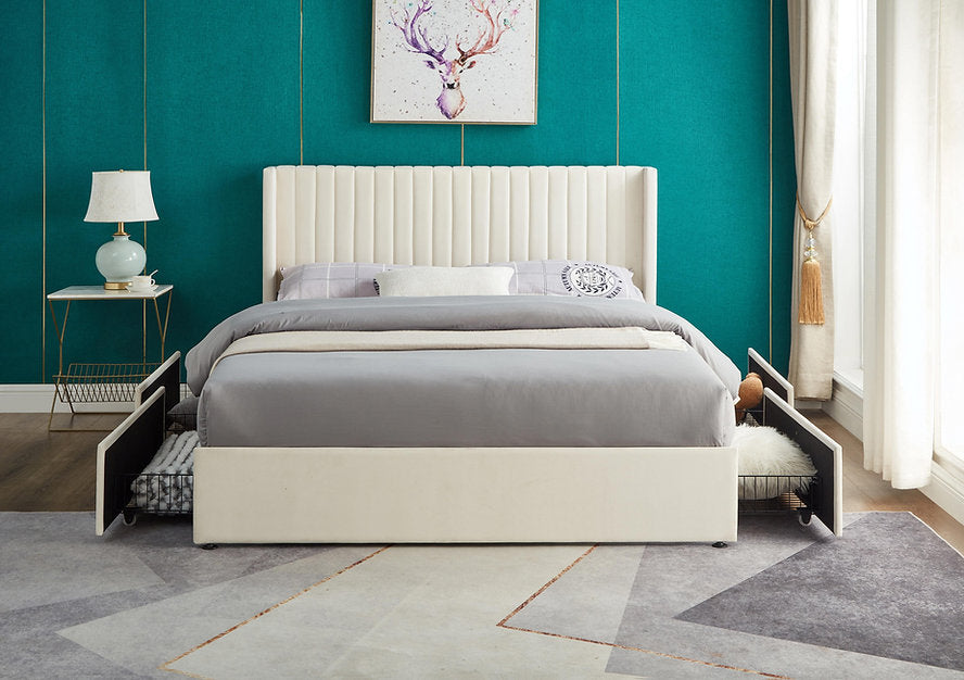 Cream Velvet Wingback Storage Bed-I5407