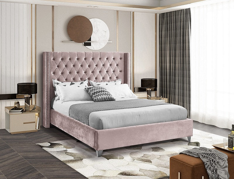 Contemporary Velvet Wingback Platform Bed – Dusty Pink-I5895