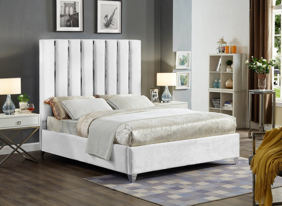 Velvet White Bed with Chrome Channel Tufted Headboard – I5622