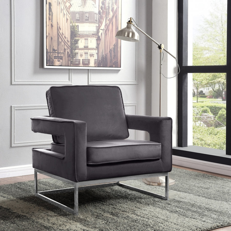 Grey Velvet Accent Chair with Chrome Base – Modern Lounge Armchair-I6850