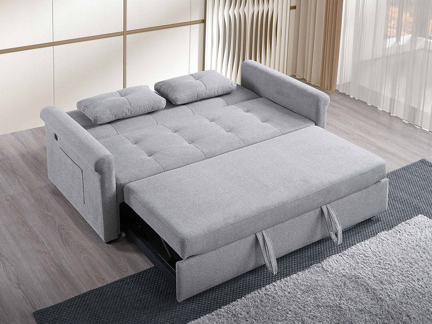 Convertible Grey Fabric Sofa Bed (70Inch) with USB Charging & Storage – I9046