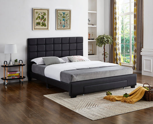 Black PU Storage Platform Bed with Drawer – Modern Upholstered Bed Frame-I5490