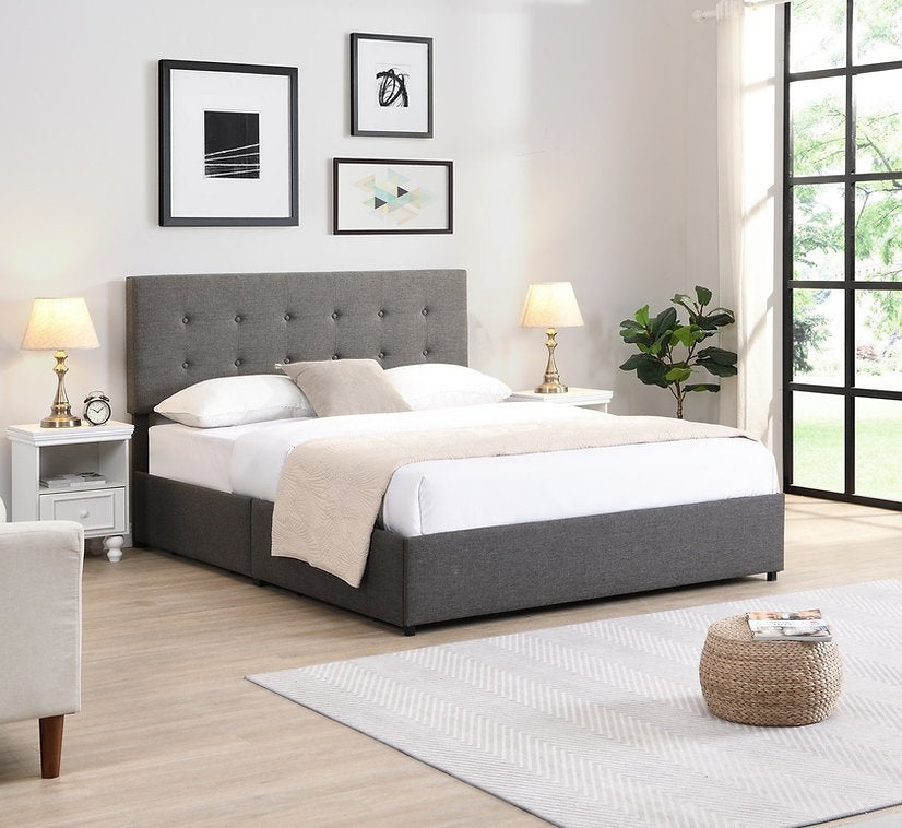 Grey Upholstered Platform Storage Bed with 4 Pull-Out Drawers-I5693
