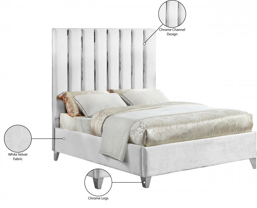 Velvet White Bed with Chrome Channel Tufted Headboard – I5622