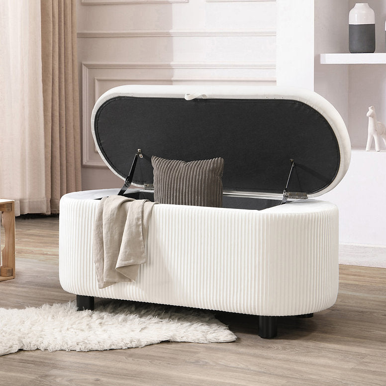 Modern Oval Storage Bench in White Fabric – Lift-Top Ottoman Bench 39"-I6212