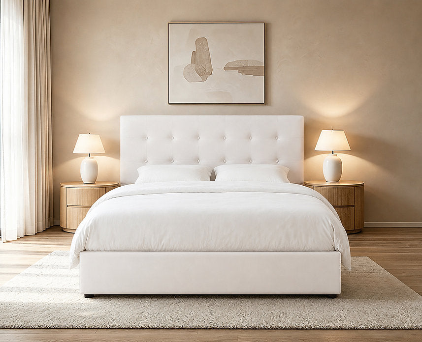 Cream Upholstered Storage Bed with Hydraulic Lift-Up Storage-I5446
