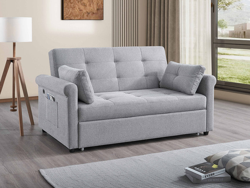 Compact Grey Sofa Bed(64”) with USB Charging & Adjustable Back – I9045