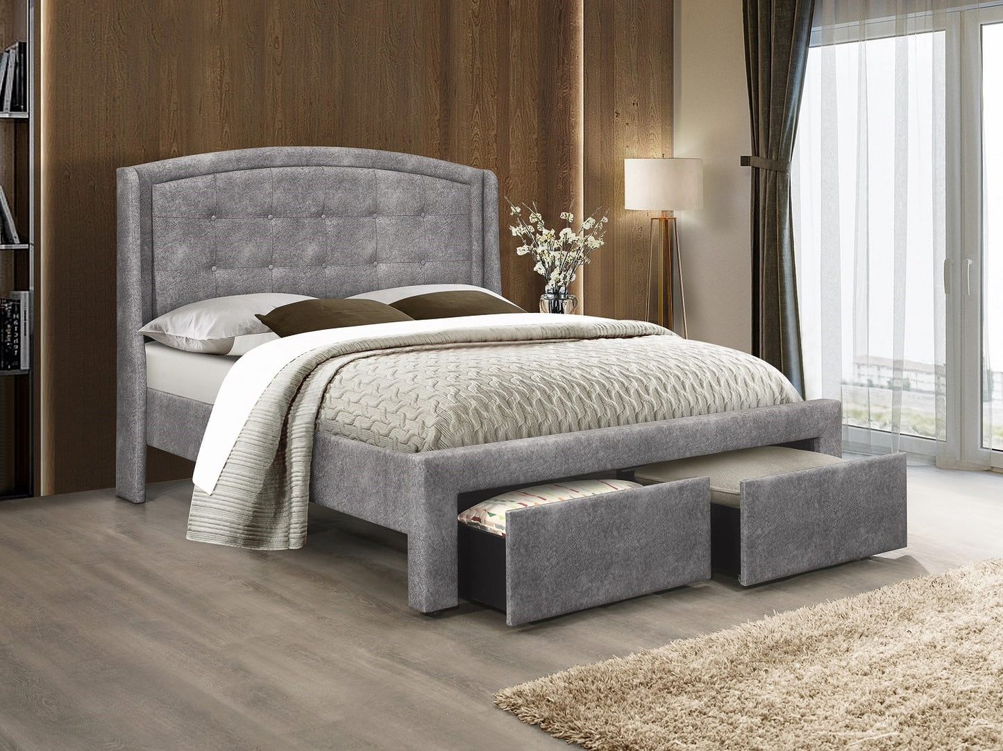 Grey Fabric Platform Bed with 2 Storage Drawers-I5285