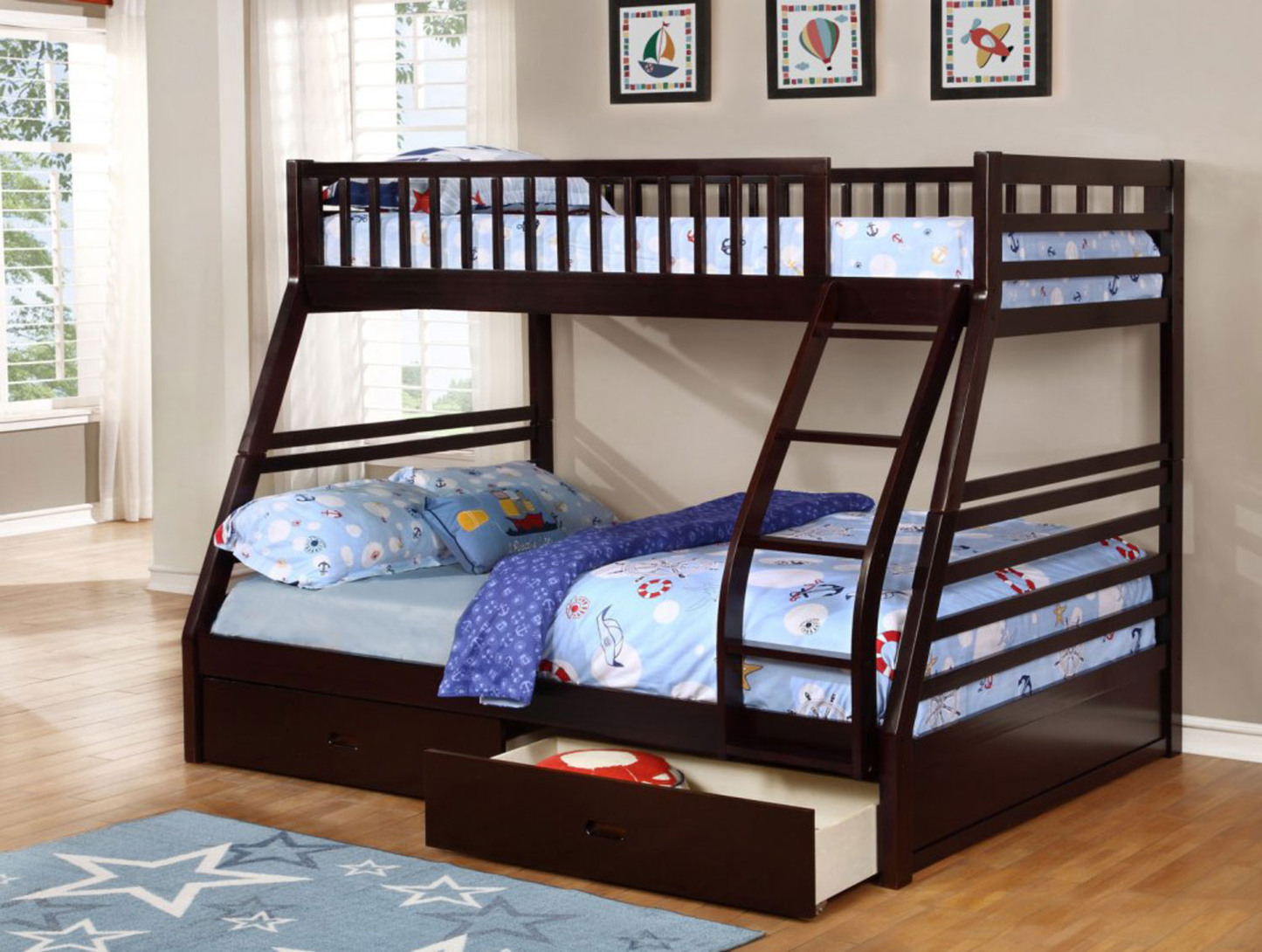 Solid Wood Convertible Bunk Bed with Drawers – I117