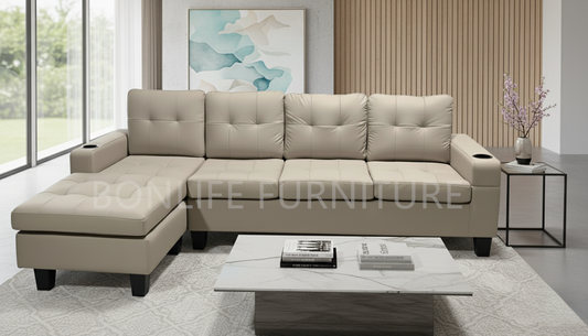 PU Leather Reversible Sectional Sofa with Cup Holders -D2022