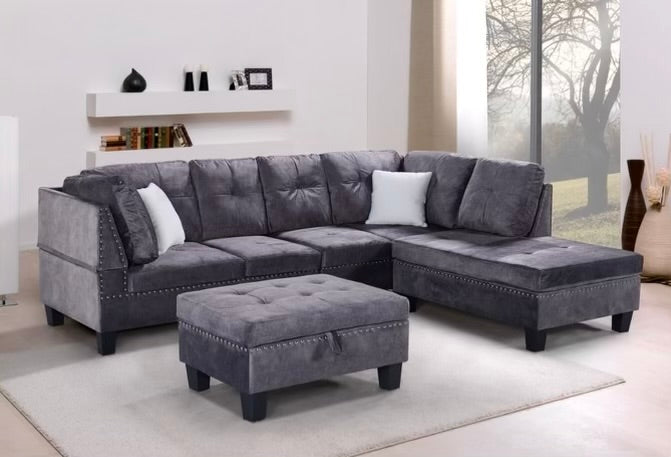 Velvet Reversible Sectional Sofa with Storage Ottoman -1013