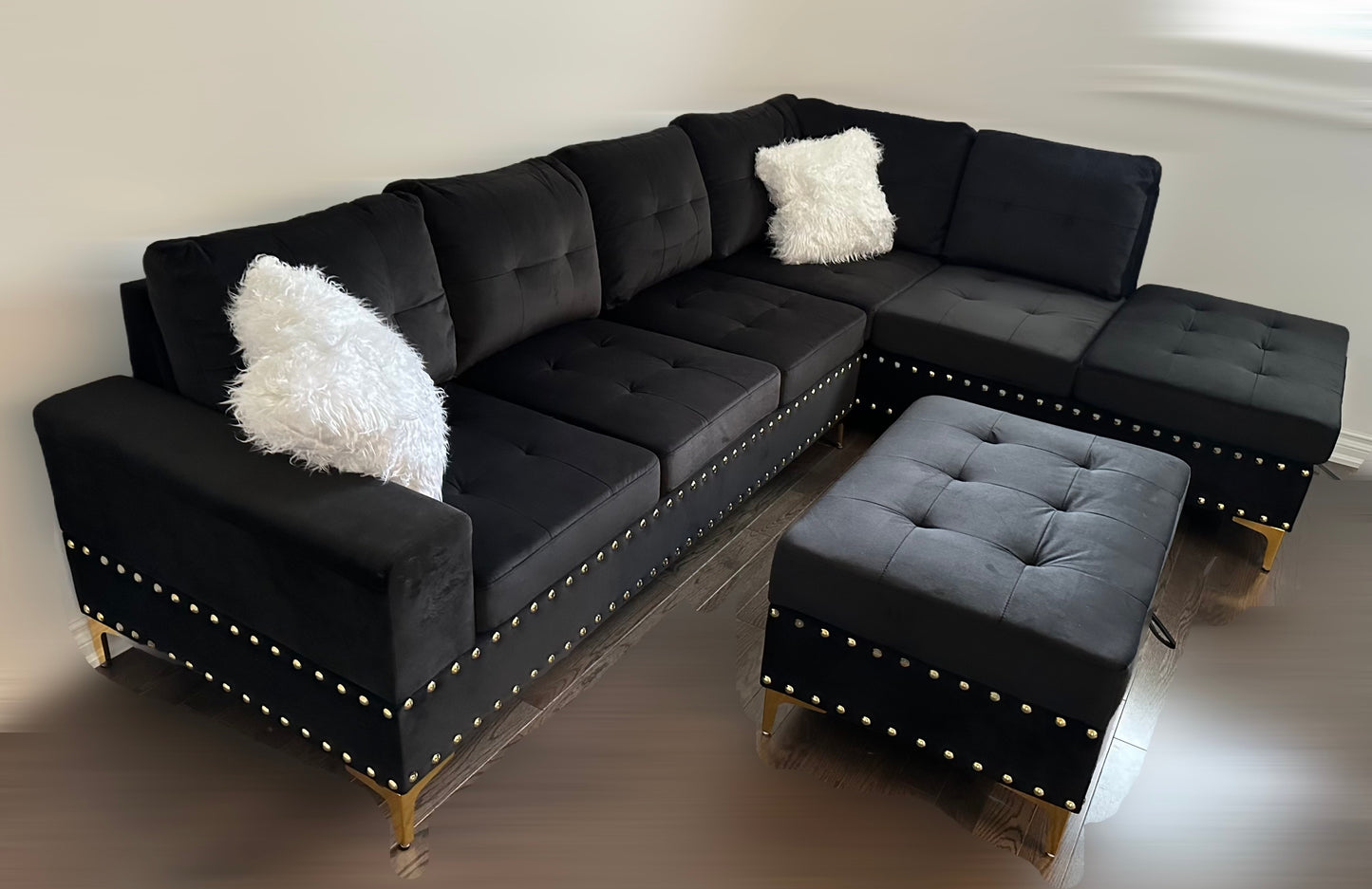 Velvet Sectional Sofa with Ottoman-IVY