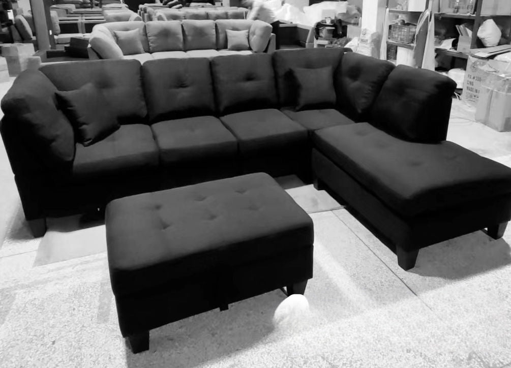 Modern Fabric Sectional Sofa with Reversible Chaise & Storage Ottoman-D1012