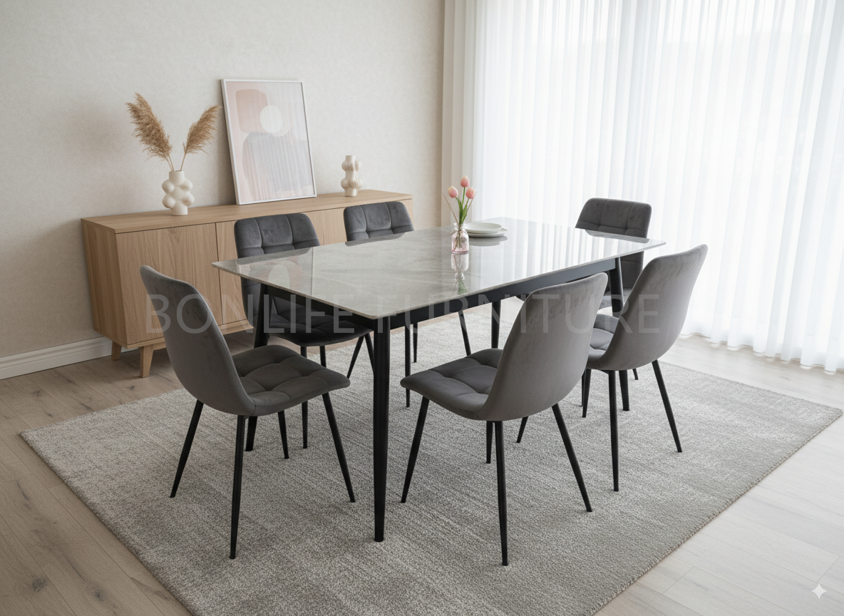 Grey Marble Sintered Stone Dining Table Set-T3529
