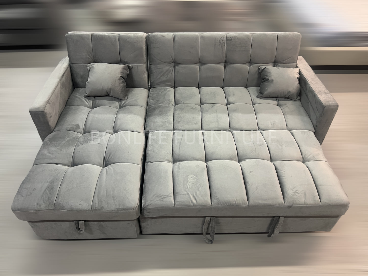 Velvet Grey Convertible Sofa Bed with Storage Chaise-B909