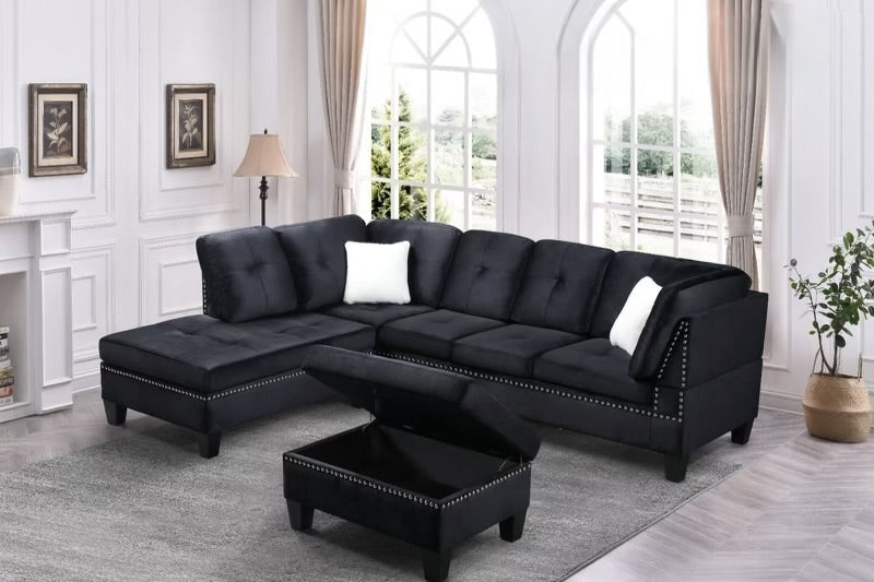 Velvet Reversible Sectional Sofa with Storage Ottoman -1013