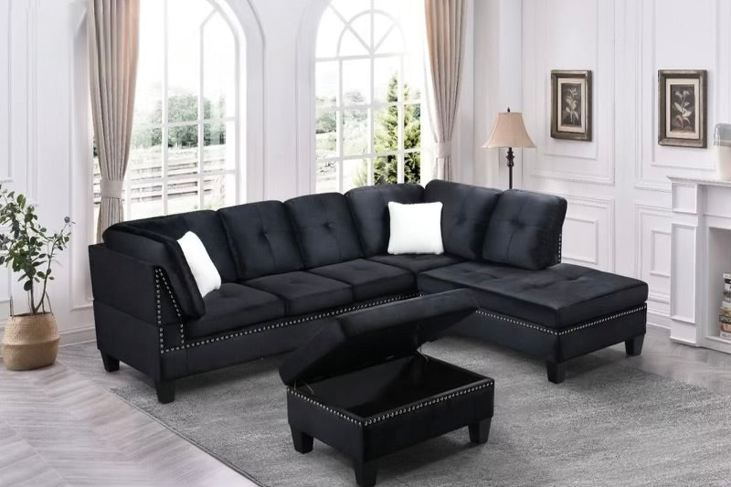Velvet Reversible Sectional Sofa with Storage Ottoman -1013