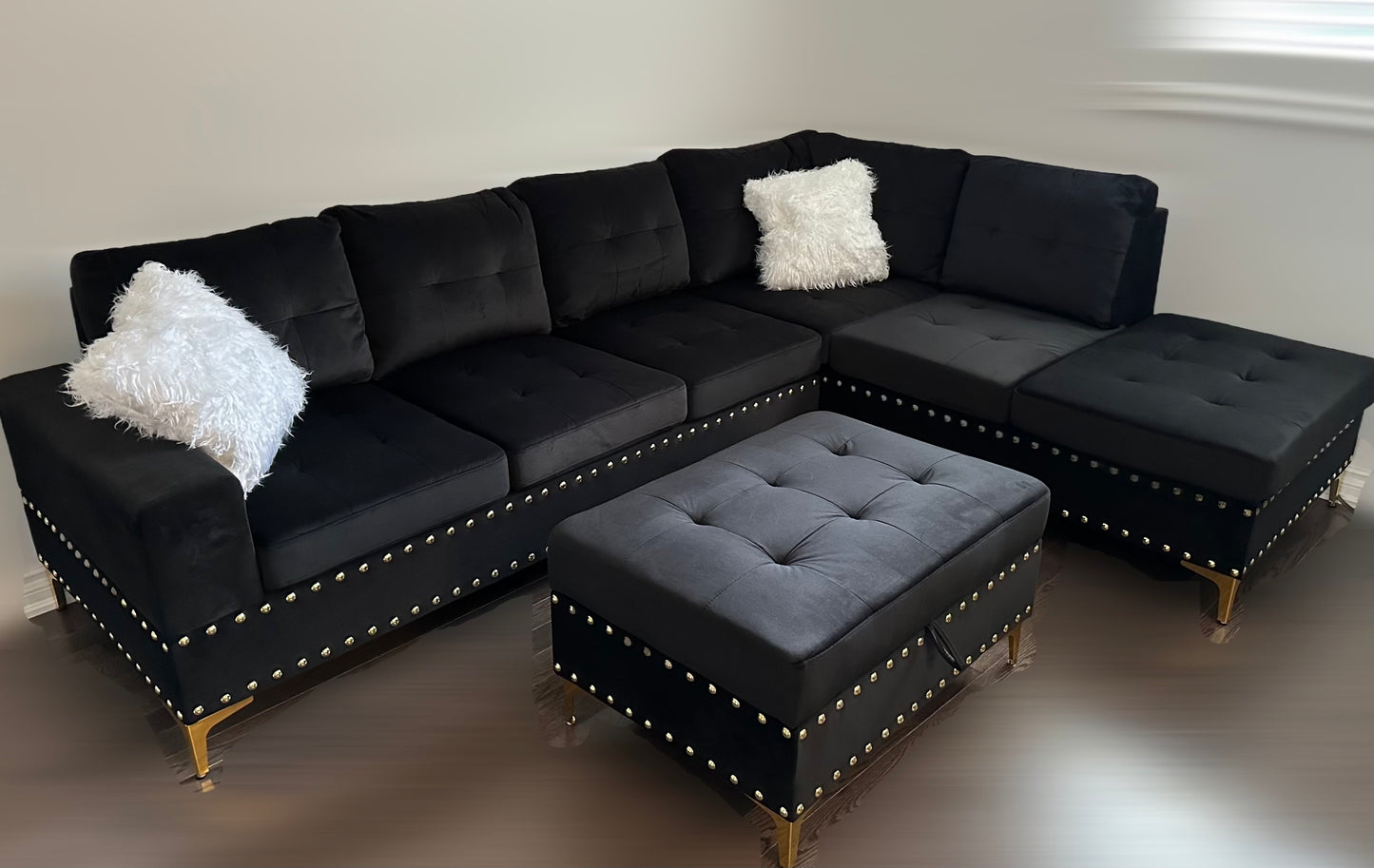 Velvet Sectional Sofa with Ottoman-IVY