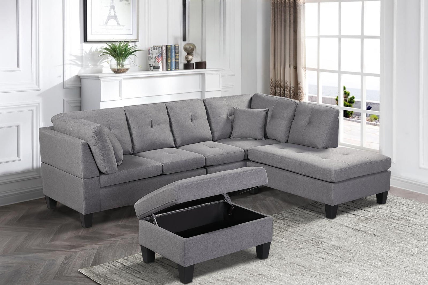Modern Fabric Sectional Sofa with Storage Ottoman-D1012