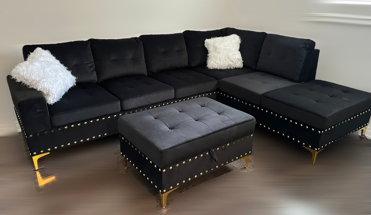 Velvet Sectional Sofa with Ottoman-IVY