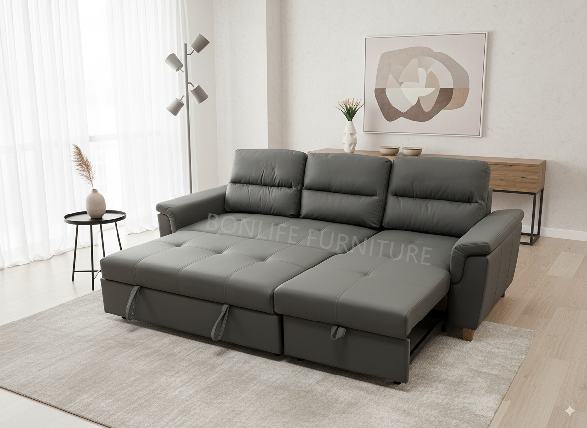Grey Pull-Out Sectional Sofa Bed with Storage & Reversible Chaise-T1217