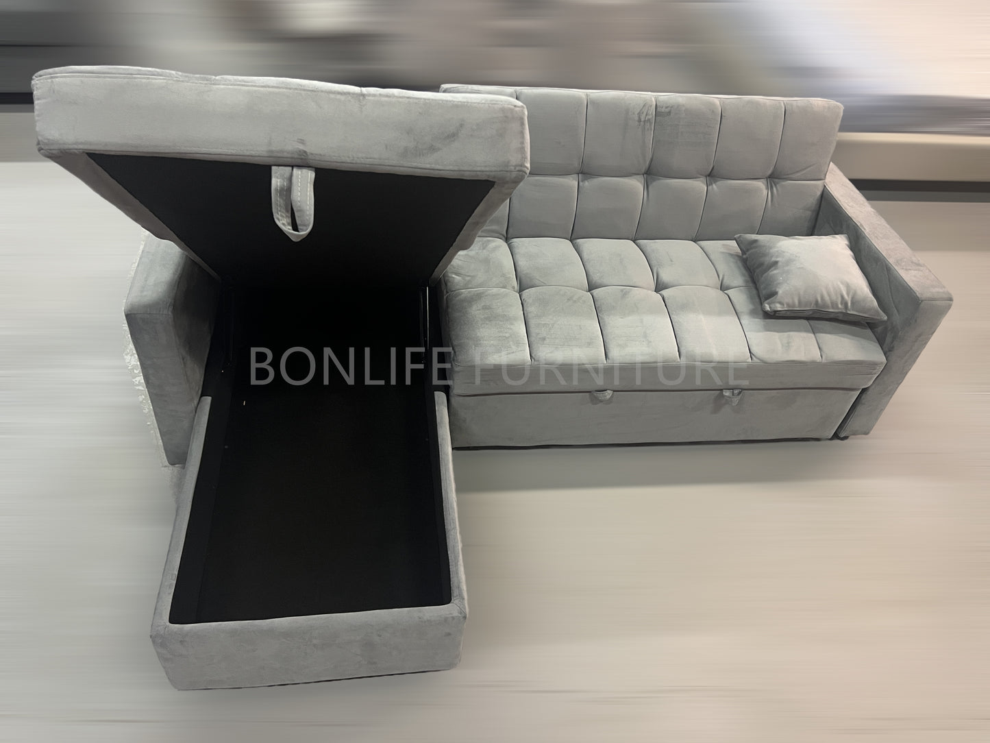 Velvet Grey Convertible Sofa Bed with Storage Chaise-B909