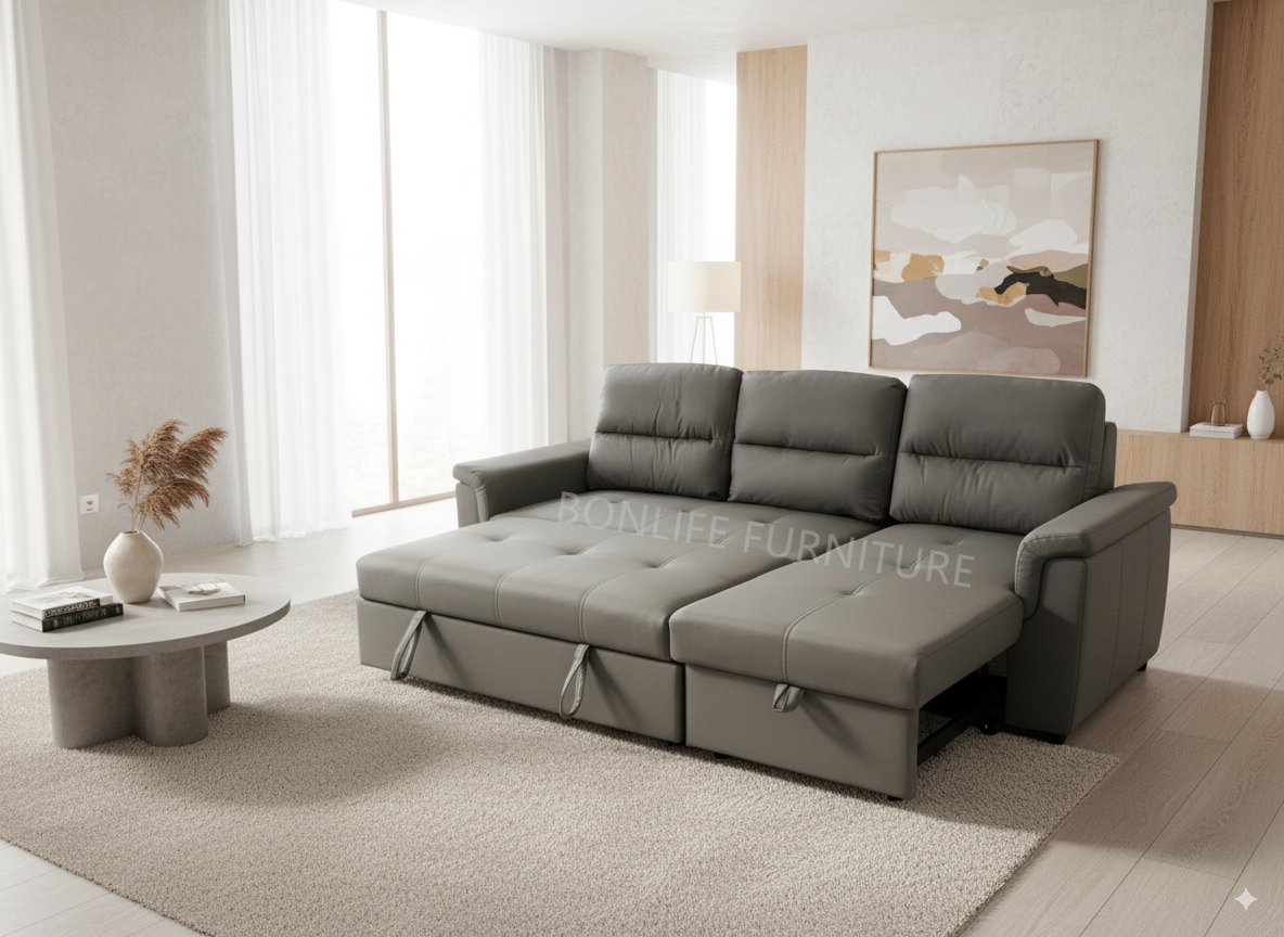 Grey Pull-Out Sectional Sofa Bed with Storage & Reversible Chaise-T1217