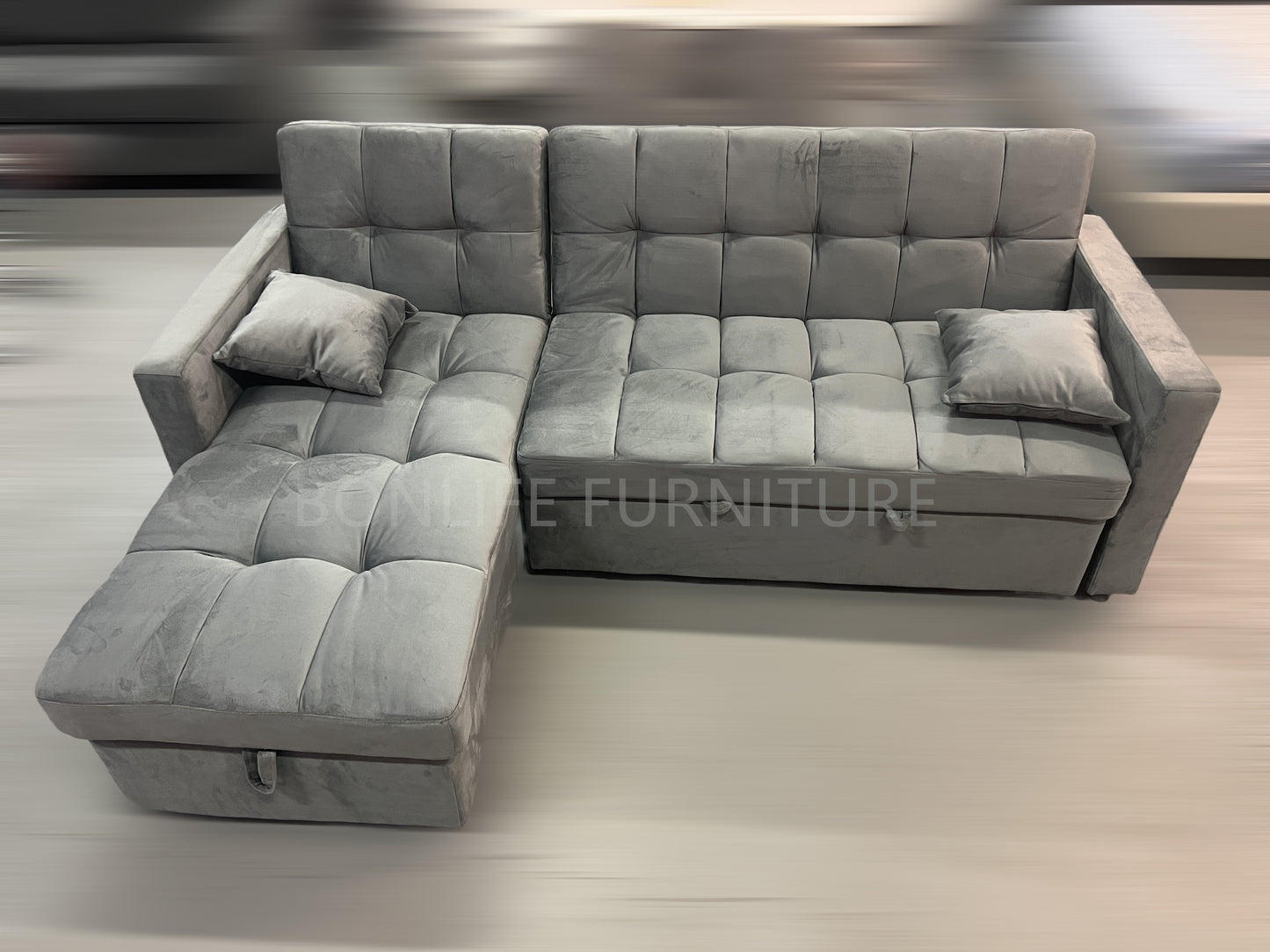 Velvet Grey Convertible Sofa Bed with Storage Chaise-B909