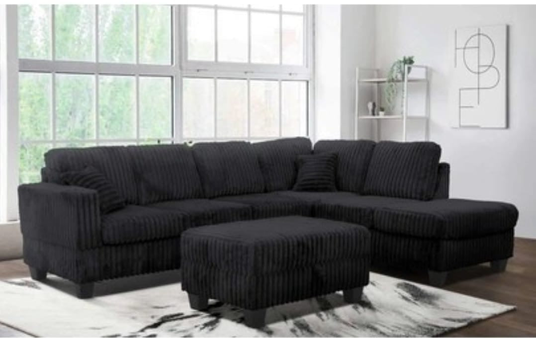 Contemporary Corduroy Sectional Sofa with Storage Ottoman-1108