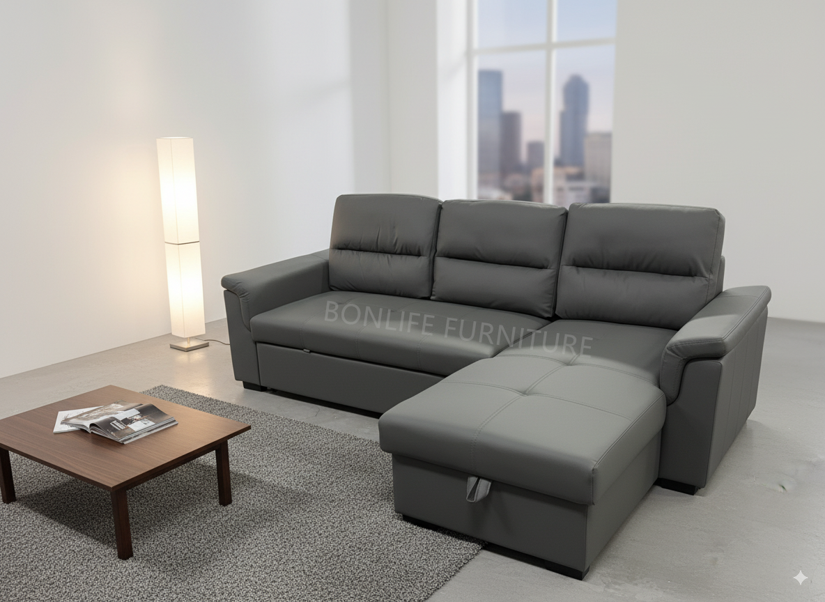 Grey Pull-Out Sectional Sofa Bed with Storage & Reversible Chaise-T1217