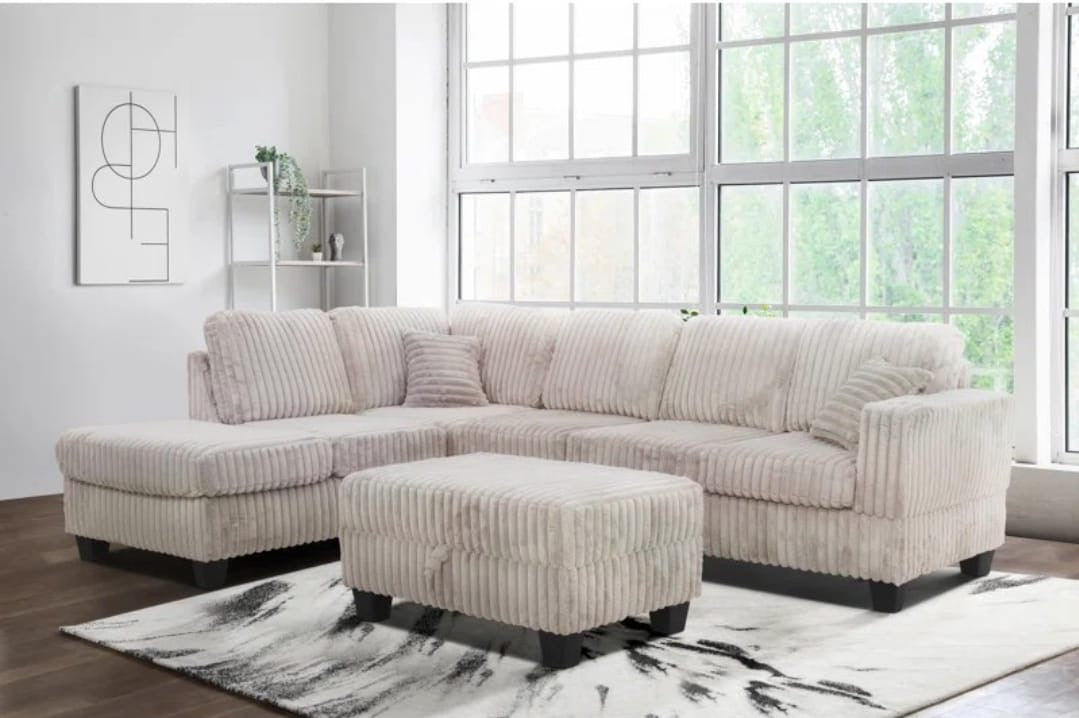 Contemporary Corduroy Sectional Sofa with Storage Ottoman-1108