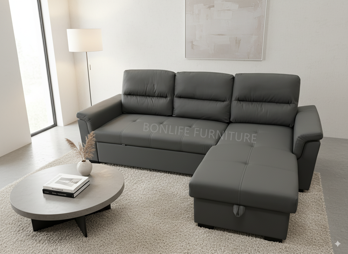 Grey Pull-Out Sectional Sofa Bed with Storage & Reversible Chaise-T1217