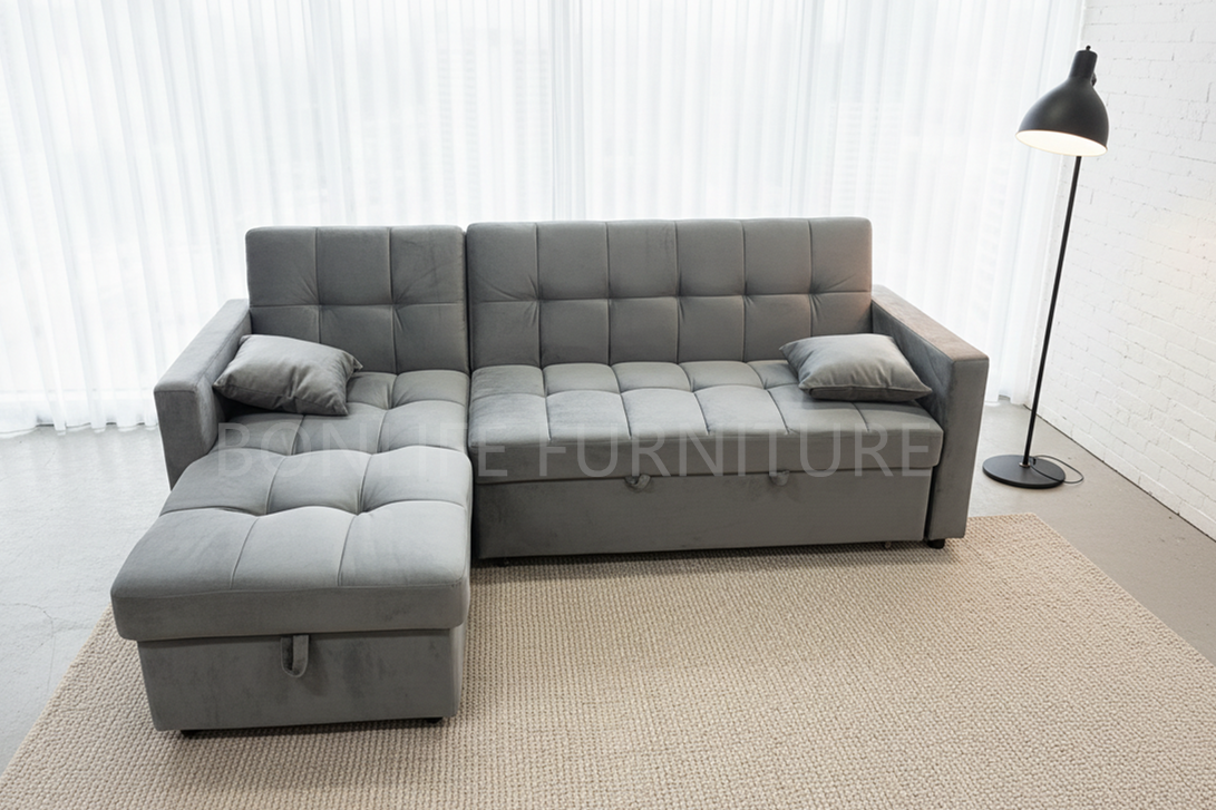 Velvet Grey Convertible Sofa Bed with Storage Chaise-B909