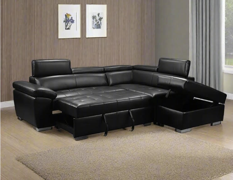 Black Air Leather Sectional Sofa Bed -LAURA
