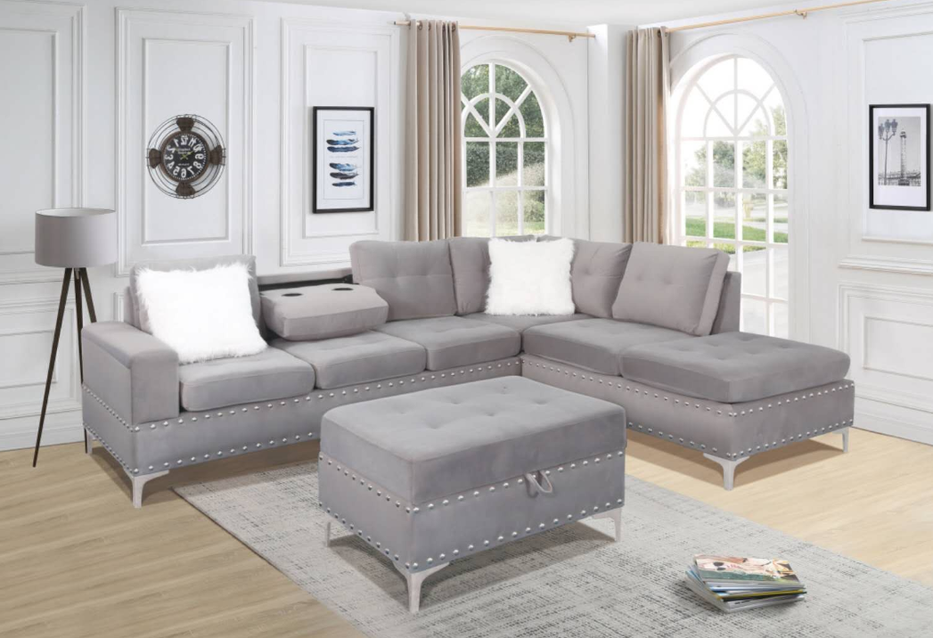 Velvet Sectional Sofa with Ottoman-IVY