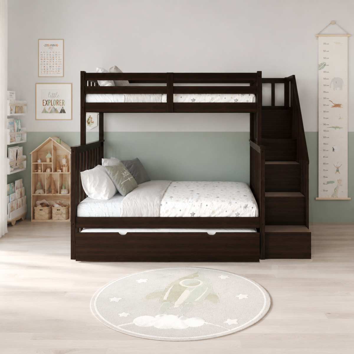 Twin Over Double Solid Wood Bunk Bed with Storage Stairs & Twin Trundle-T2594