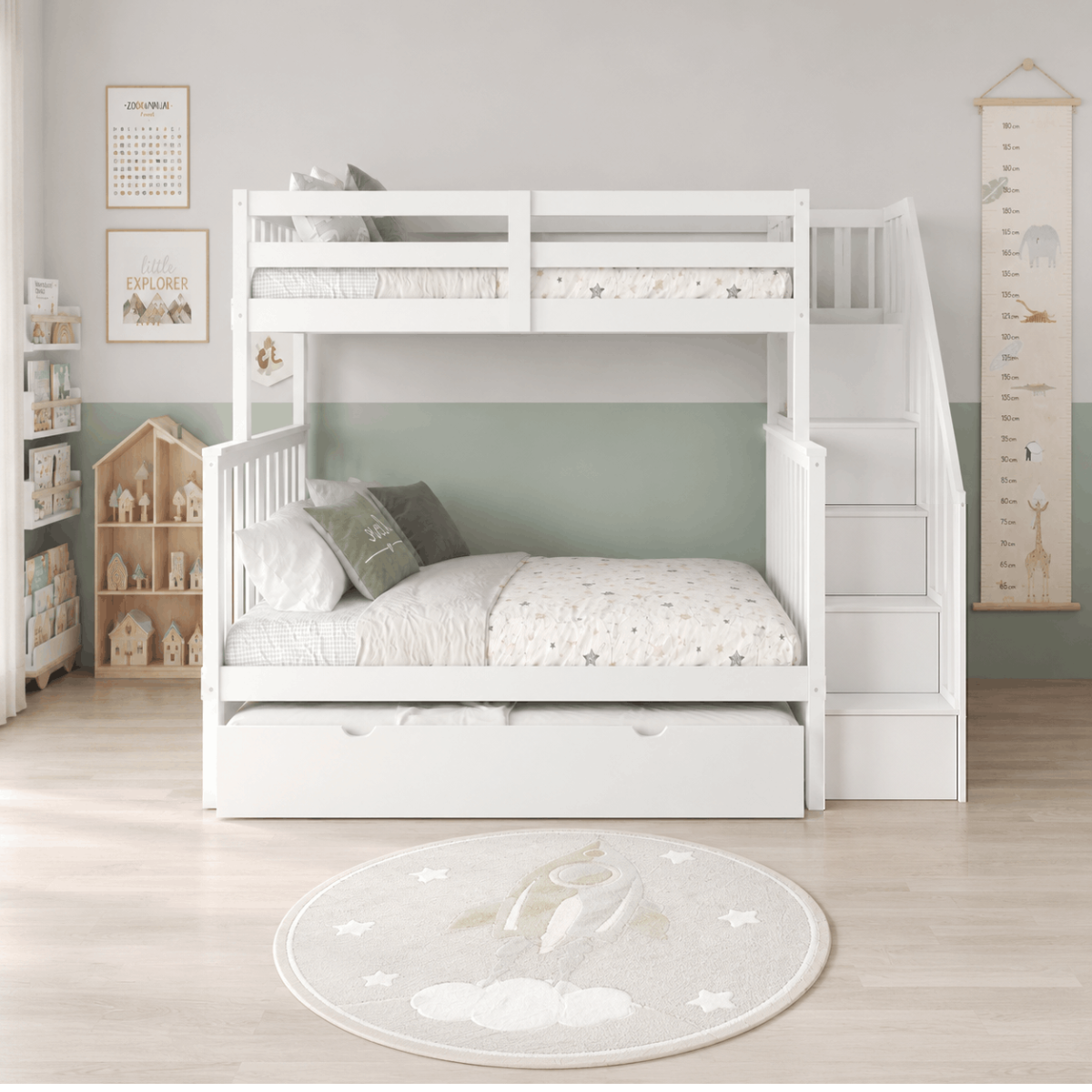 Twin Over Double Solid Wood Bunk Bed with Storage Stairs & Twin Trundle-T2594