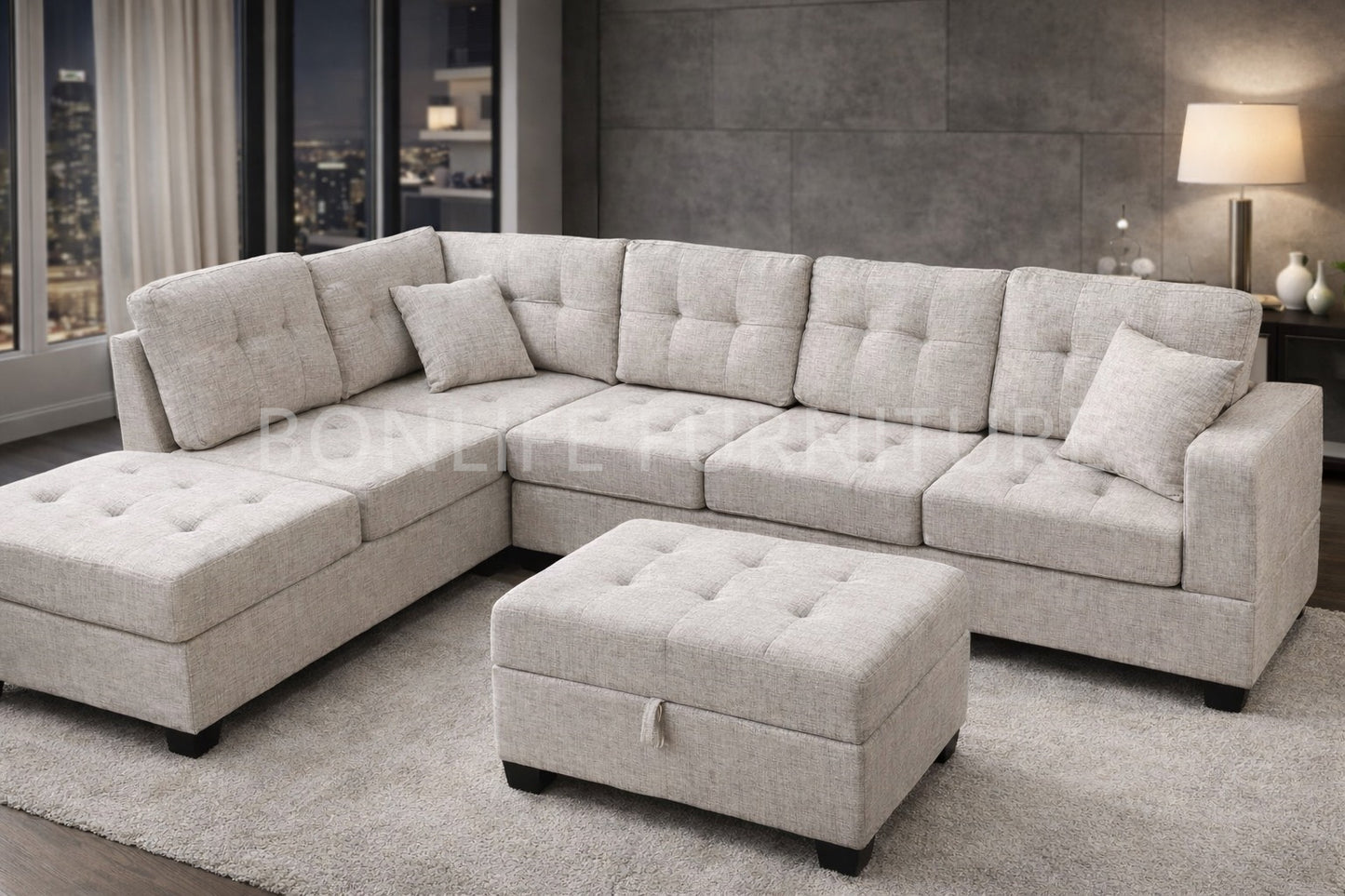 Modern Fabric Reversible Sectional Sofa with Storage Ottoman & Dropdown Tray – G2300
