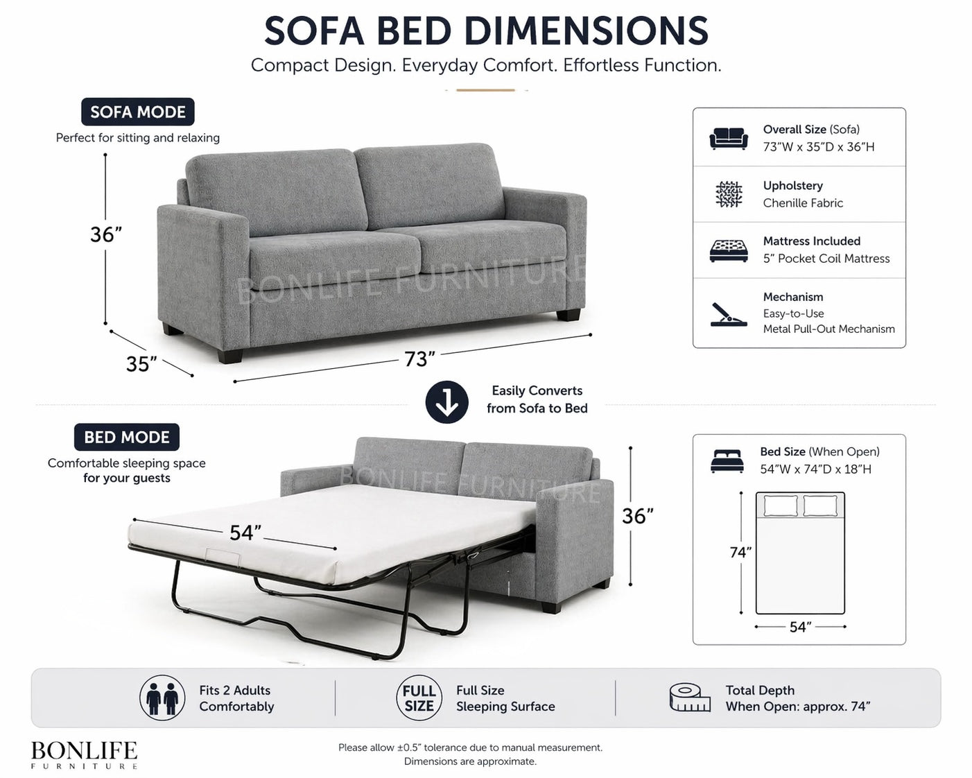 Chenille Sofa Bed with 5" Pocket Coil Mattress-T1812