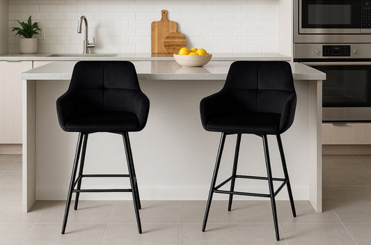Modern Black Velvet Bar Stool Set of 2 with Metal Legs-T3295