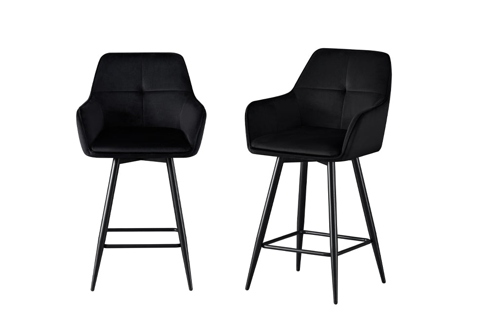 Modern Black Velvet Bar Stool Set of 2 with Metal Legs-T3295