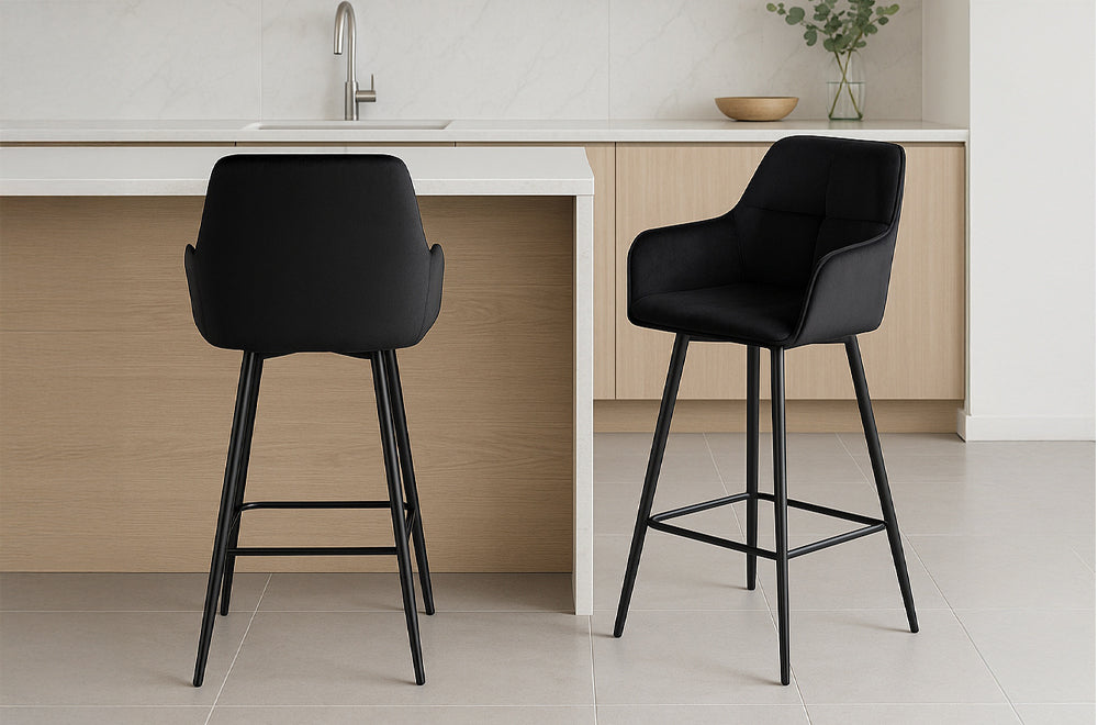 Modern Black Velvet Bar Stool Set of 2 with Metal Legs-T3295