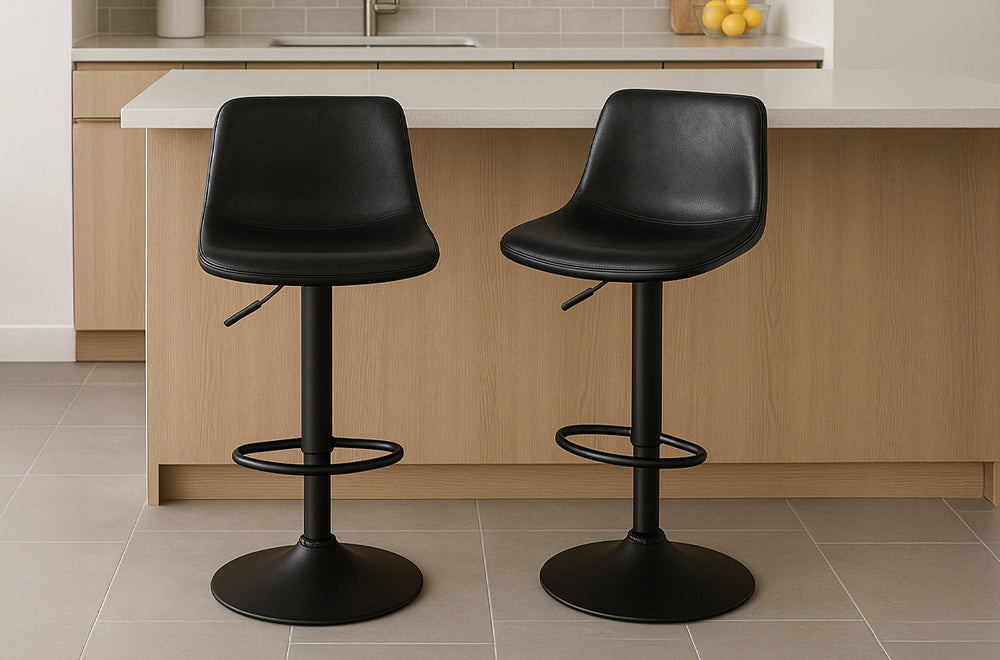 Modern Adjustable Bar Stool Set of 2 – Black Leatherette Swivel Kitchen Counter Stool with Metal Base-T3299